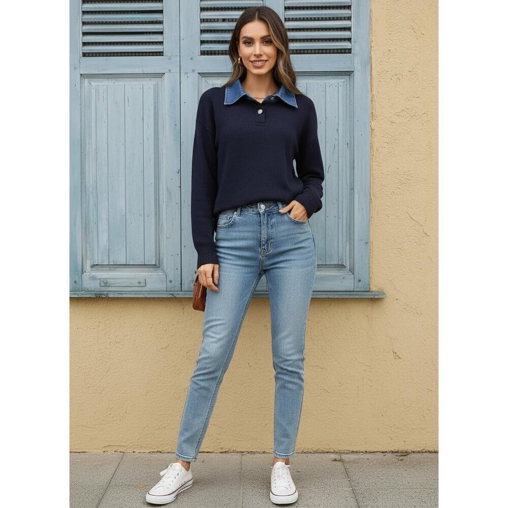 Women's Oversized Denim Collar Sweater Cozy Fall Long Sleeve Tunic Pullover - Picture 6 of 8